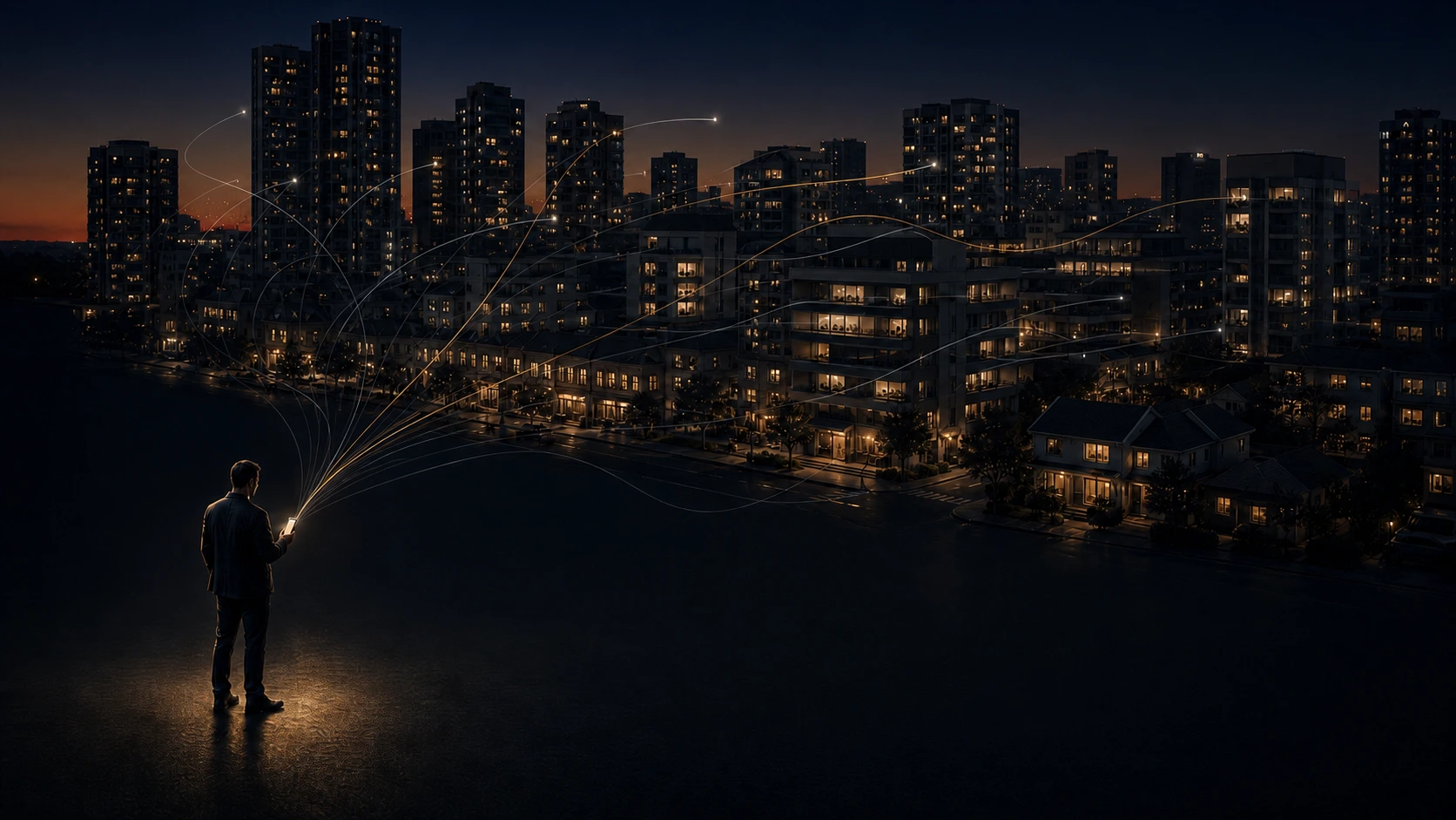 An advisor present across a city of client portfolios at dusk